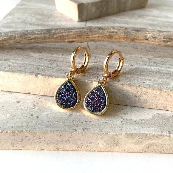 Purple Druzy Droplet Gold Huggie Earrings - Picture 3 of 6